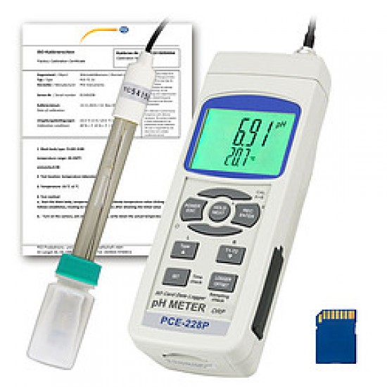 PCE-228-ICA pH-mérő PCE-228, ISO-kalibrációs tanúsítvánnyal, pH-elektródával (PE-03) és hőmérséklet-szondával (TP-07)