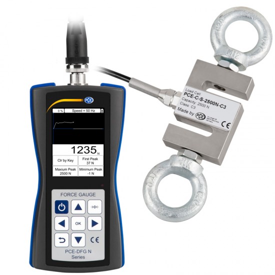 PCE-DFG N 2.5K erőmérő külső terhelő cellával, ISO kalibrációs tanúsítvánnyal